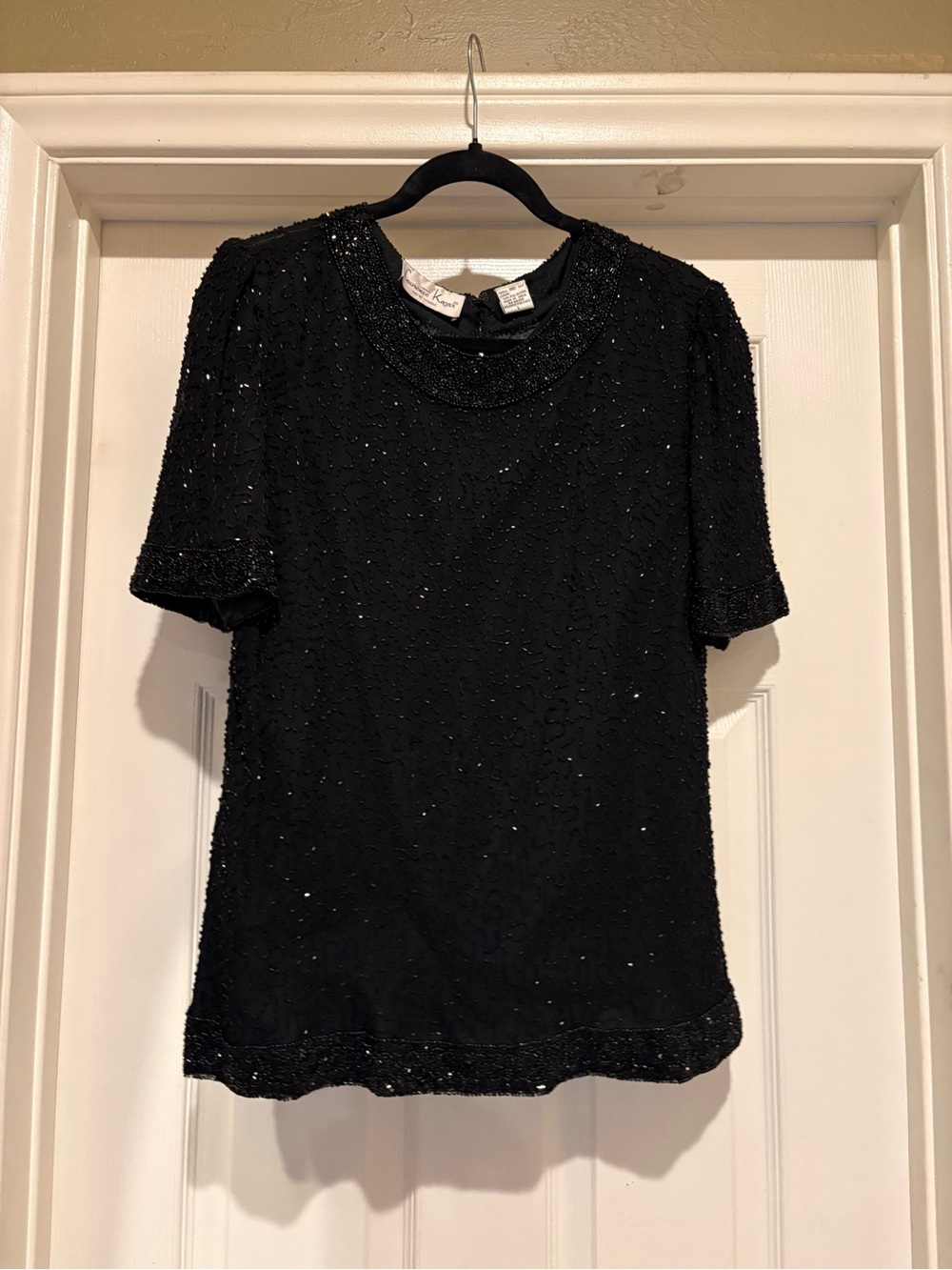 Vintage Laurence Kazar Black 100% Silk Beaded Sequin Blouse Top Size L